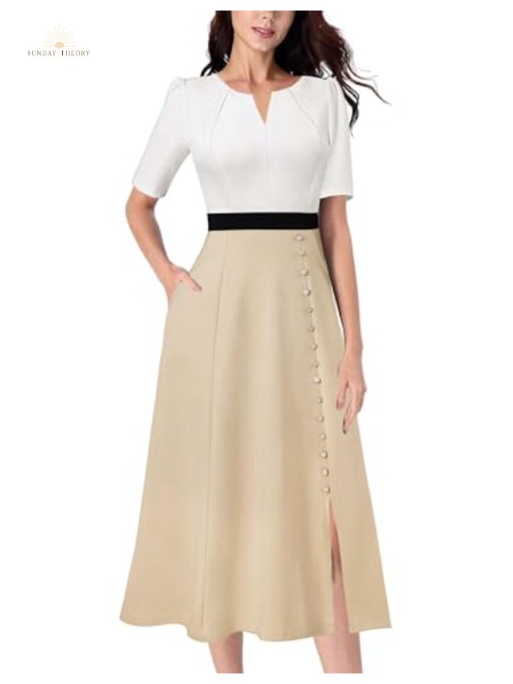 Pleated Notch V Neck A Line Midi Dress with Pockets Work Office Business